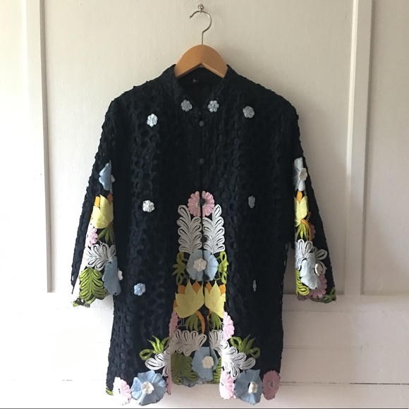 Vintage Floral Lace Embroidered Multicolor Kimono Jacket Tunic Blouse Top - Picture 2 of 8